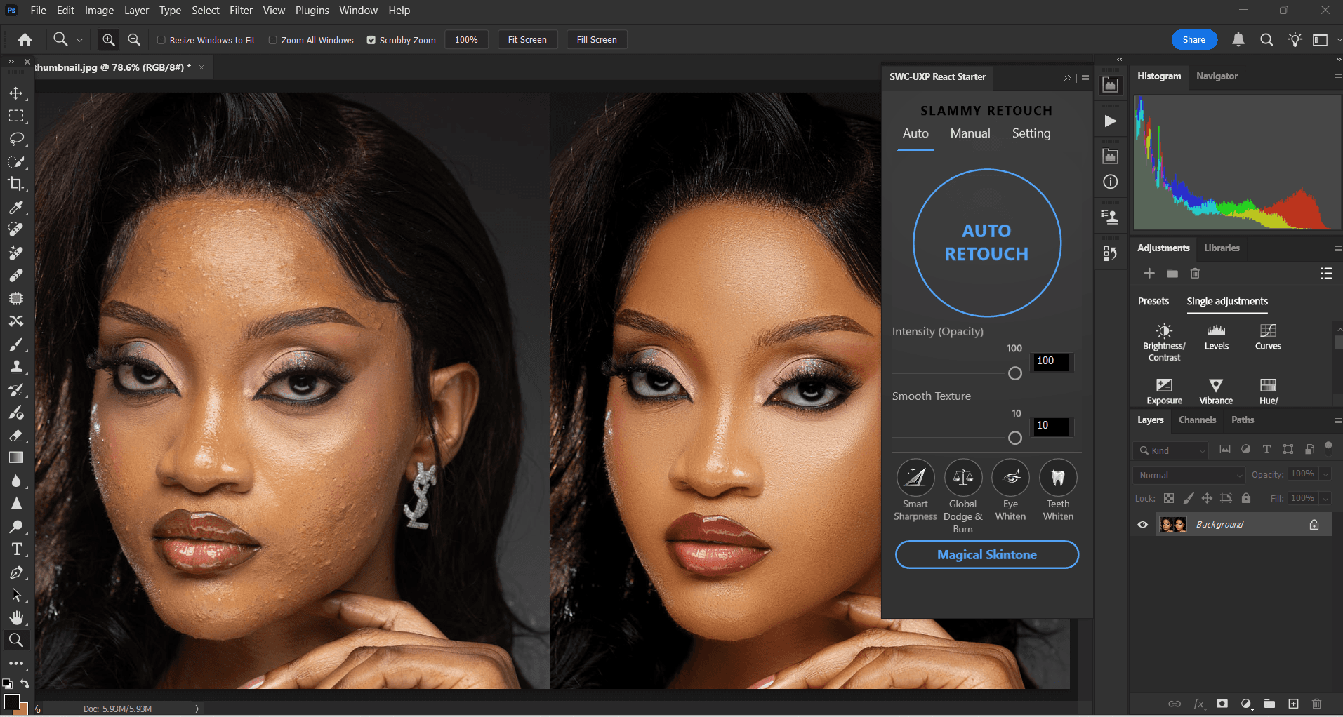 Photoshop interface with the Azap retouching plugin panel