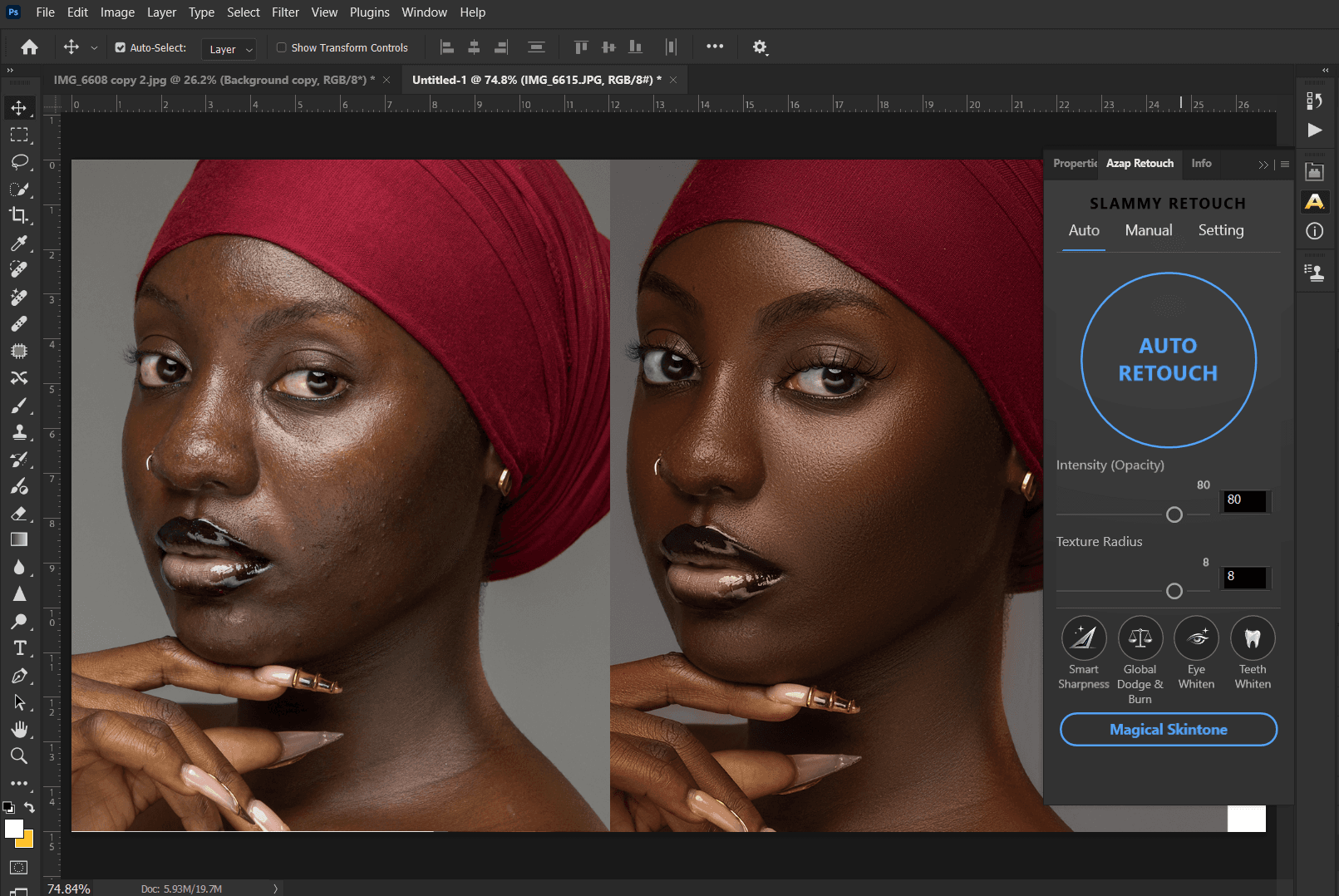 Photoshop interface with the Azap retouching plugin panel